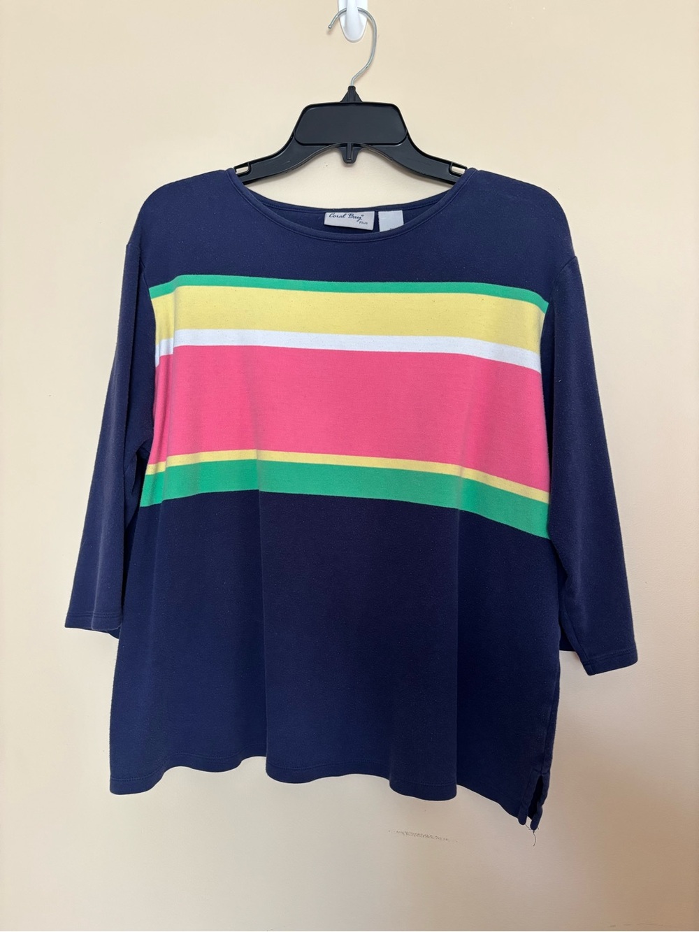 Coral Bay Navy Long-Sleeve Tee with Pink, Yellow and Green Stripes